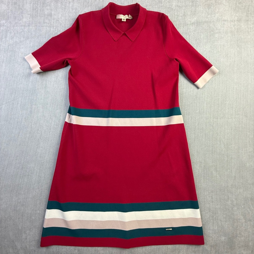 Ted Baker London Red Striped Knit Collar Shift Mini Dress Size 2